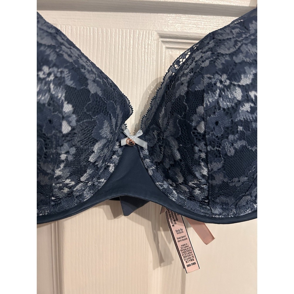 Victorias Secret 38D Bra Body by Victoria Lined Demi Padded Floral Lace Blue - Picture 4 of 14